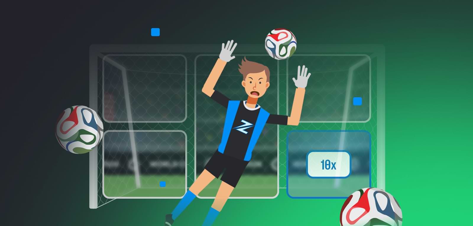 Penalty Shoot-Out instant win casino game by Razed Originals, displaying a football player in a red jersey taking a penalty kick against a goalkeeper in a green jersey inside a packed stadium graphic layout at Razed.